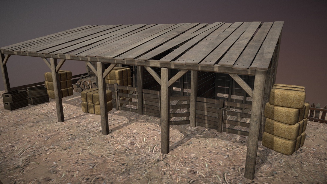 A 3D rendering of a basic wooden horse stable or shelter with hay bales stacked nearby, representing traditional stable construction.